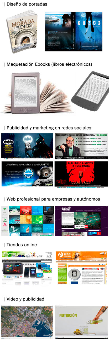 Creativoexpress | Diseño de portadas de libros | Maquetación de ebooks | Social Media | Marketing viral | Páginas webs | Tiendas online | Imagen corporativa | Carta de restaurantes | Publicidad | Video presentaciones